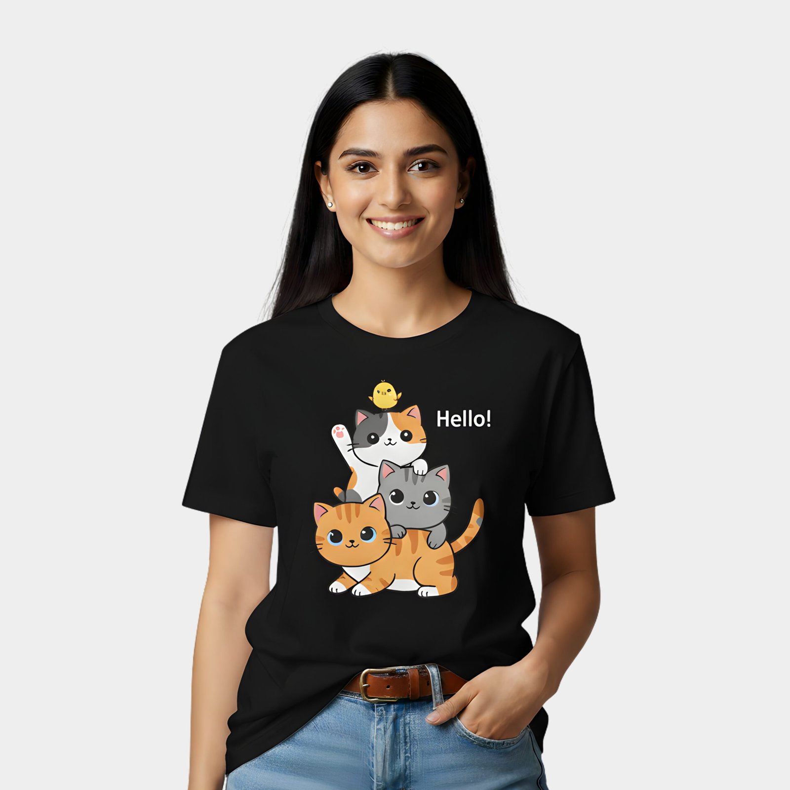Black Hello Cats – Regular Fit Cute Graphic Cotton Tee - Image 1