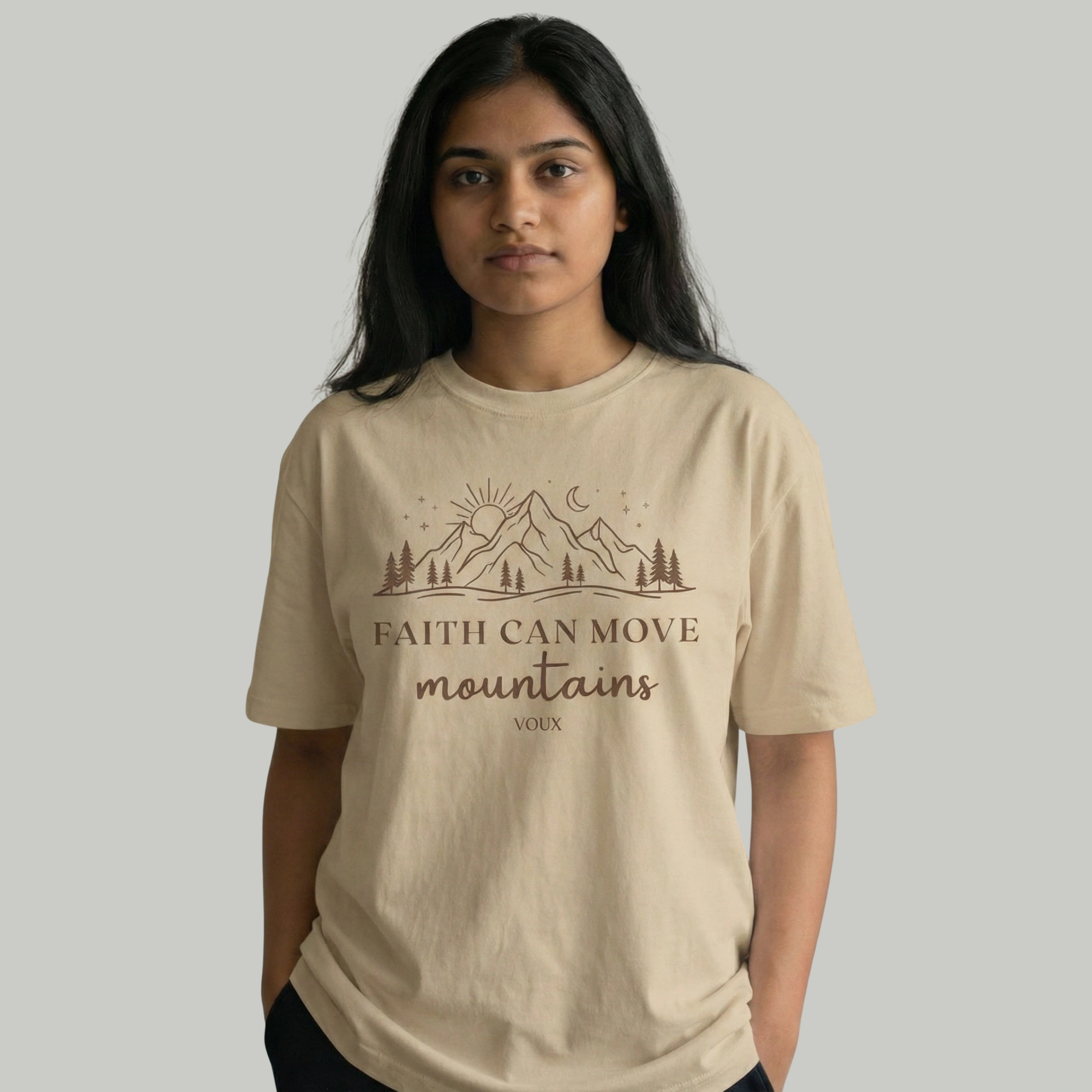BEIGE VOUX Faith Can Move Mountains Oversized T-Shirt | 100% Cotton Inspirational Tee - Image 1