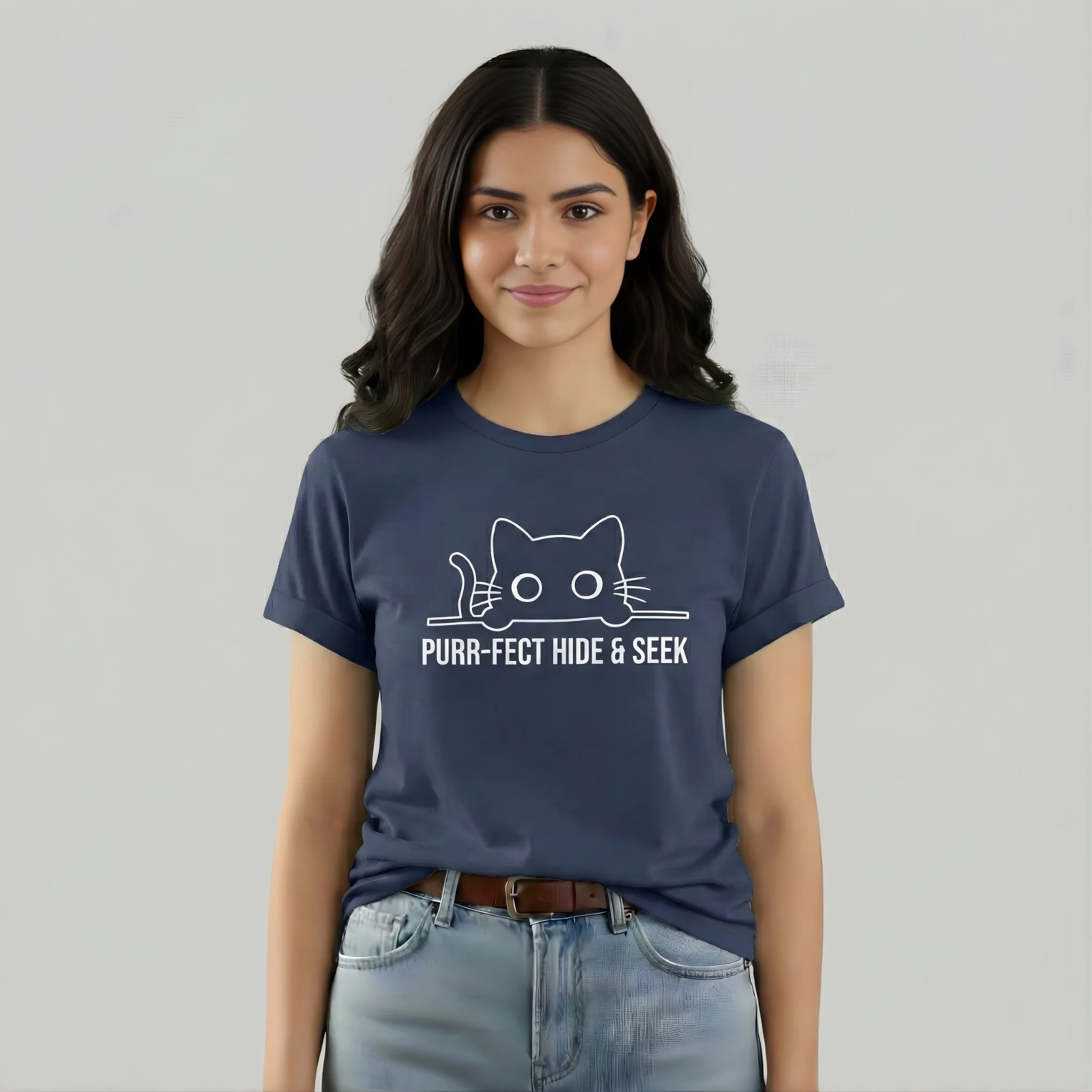 DIET STARTS TOMORROW (10) VOUX Purr-fect Hide & Seek Cat Print Regular Fit Cotton T-Shirt – Cute Graphic Tee for Everyday Wear - Image 1