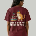 VOUX Diet Starts Tomorrow Oversized Printed T-Shirt | Funny Cat Graphic Tee