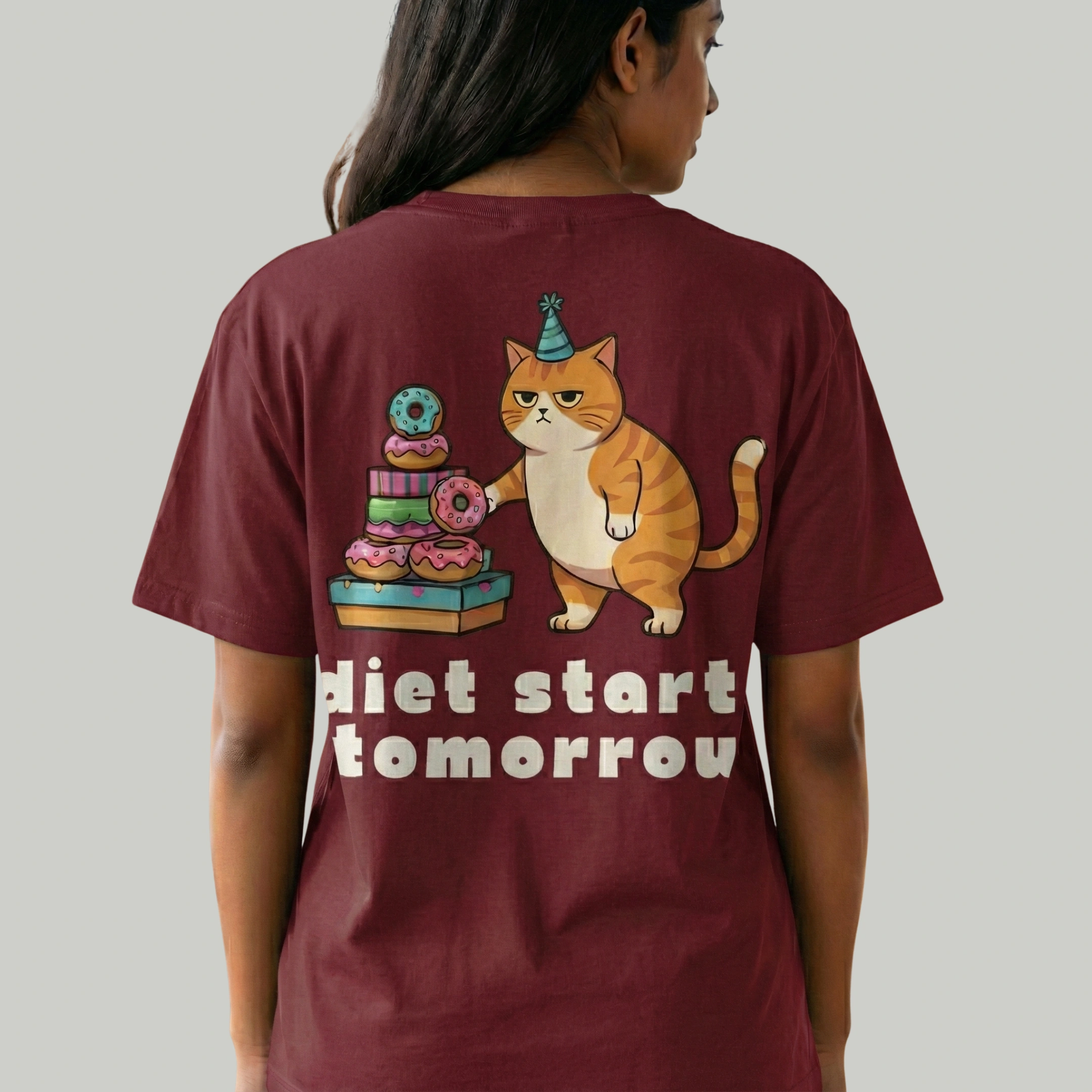 MAROON BACK VOUX Diet Starts Tomorrow Oversized Printed T-Shirt | Funny Cat Graphic Tee - Image 1