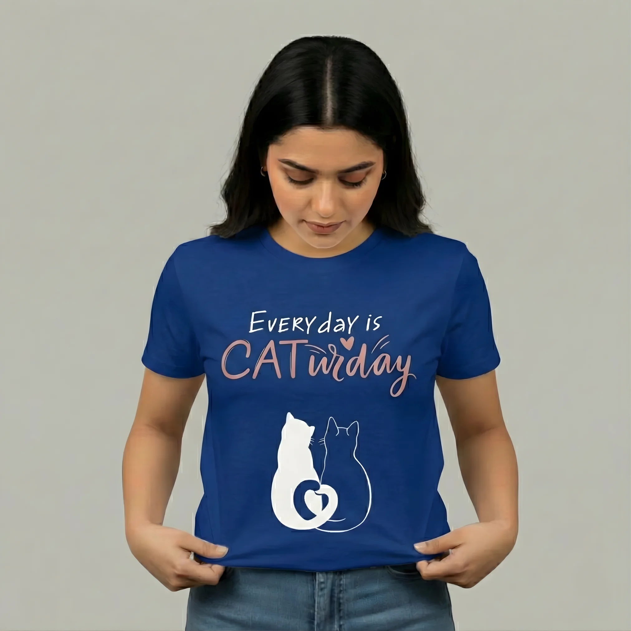 Royal Blue VOUX Everyday is CATurday Regular Fit Cotton T-Shirt | Cute Cat Print Tee for Women - Image 1