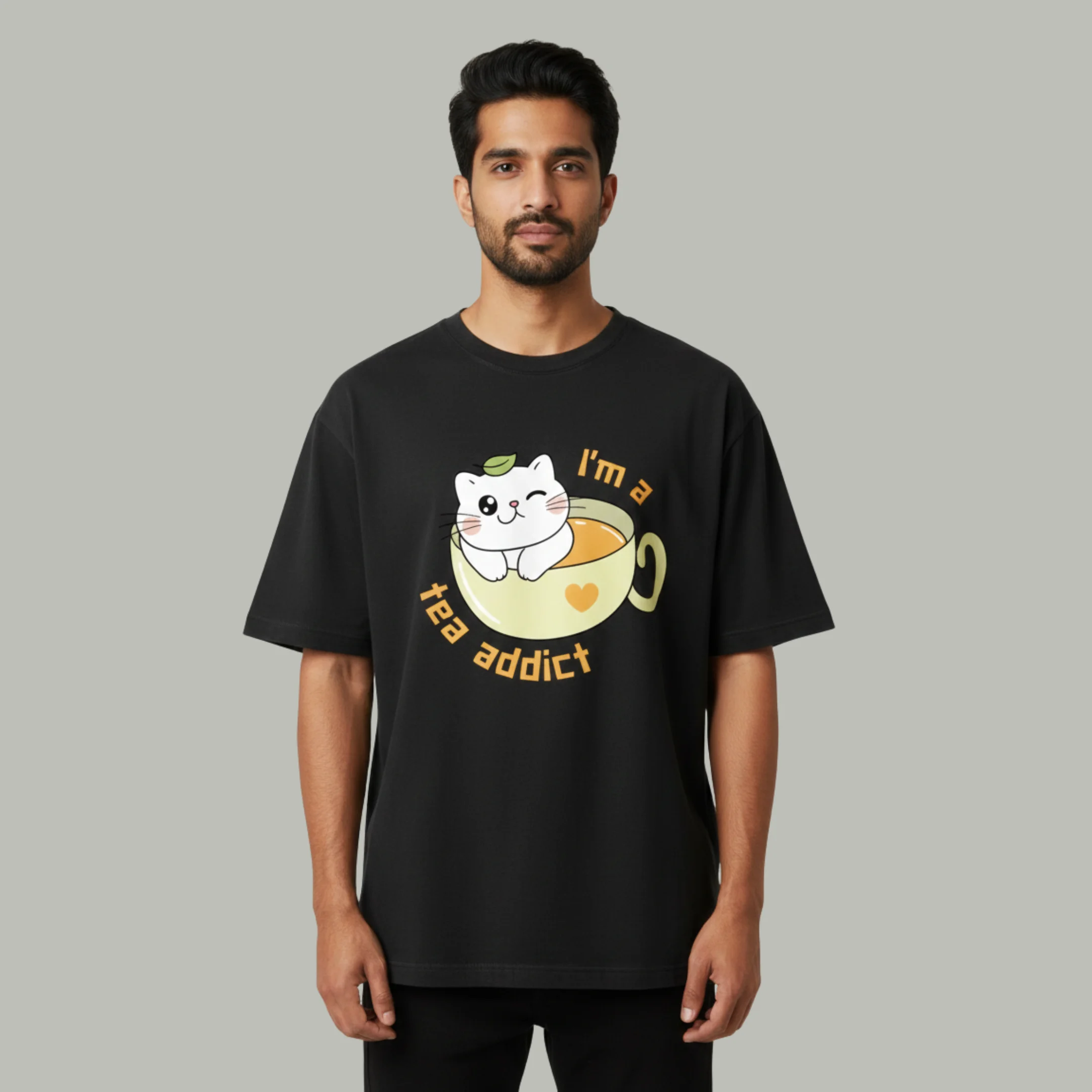 black VOUX – I’m a Tea Addict Oversized Printed T-Shirt - Image 1