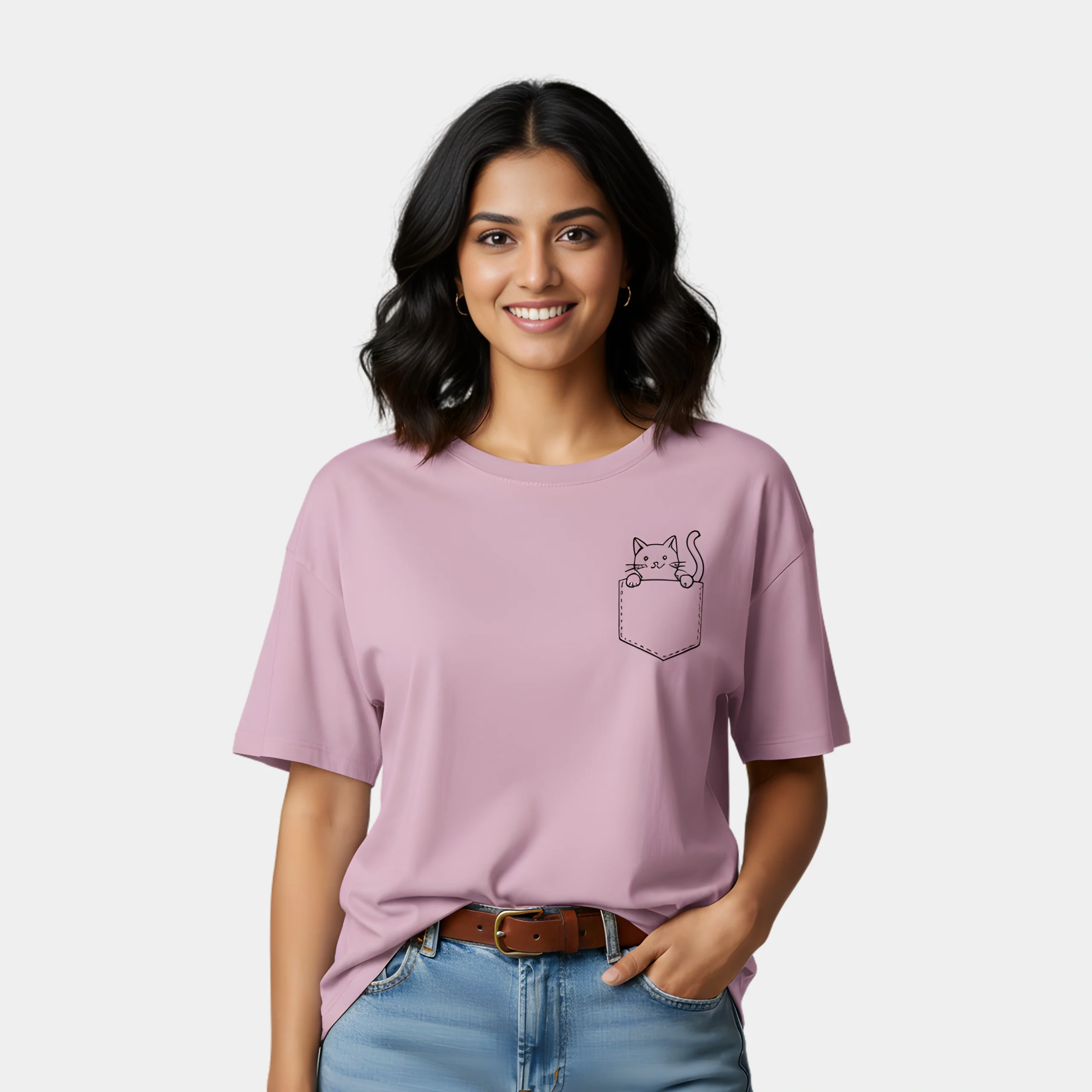 levender VOUX Cat Inside Pocket Oversized Printed T-Shirt | Cute Minimal Graphic Cotton Tee - Image 1