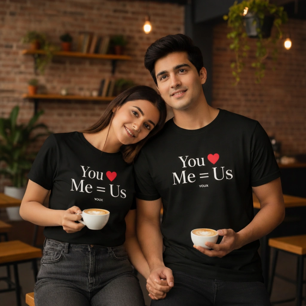 ChatGPT Image Jan 29, 2026, 06_10_09 PM VOUX “You ♥ Me = Us” Valentine Special Printed Regular Fit T-Shirt Combo (Men & Women / Unisex) - Image 1