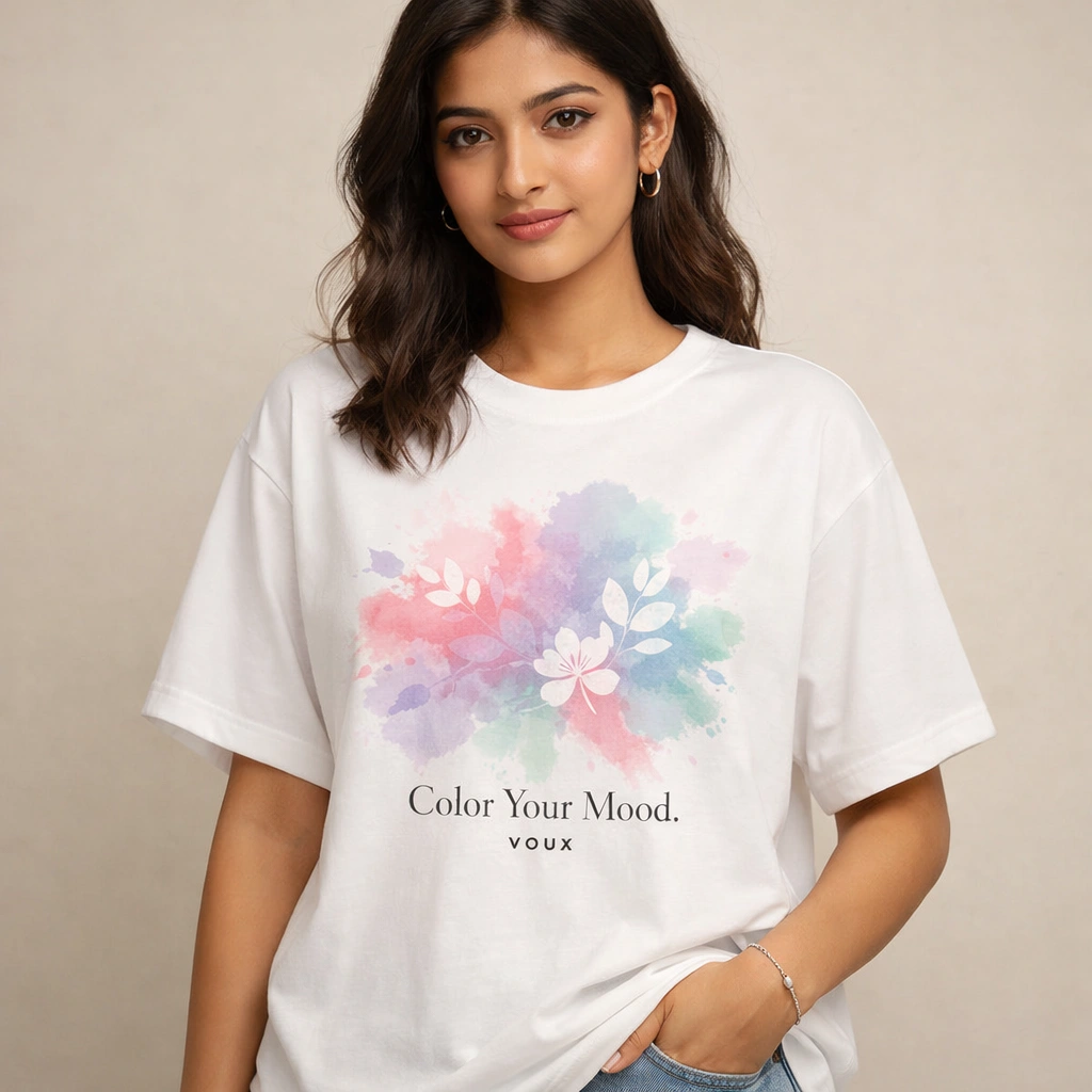ChatGPT Image Feb 18, 2026, 02_27_43 PM VOUX Women “Color Your Mood” Holi Special Oversized Printed Cotton T-Shirt - Image 1