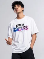 “Live In Colours” Oversized Printed Cotton T-Shirt for Men