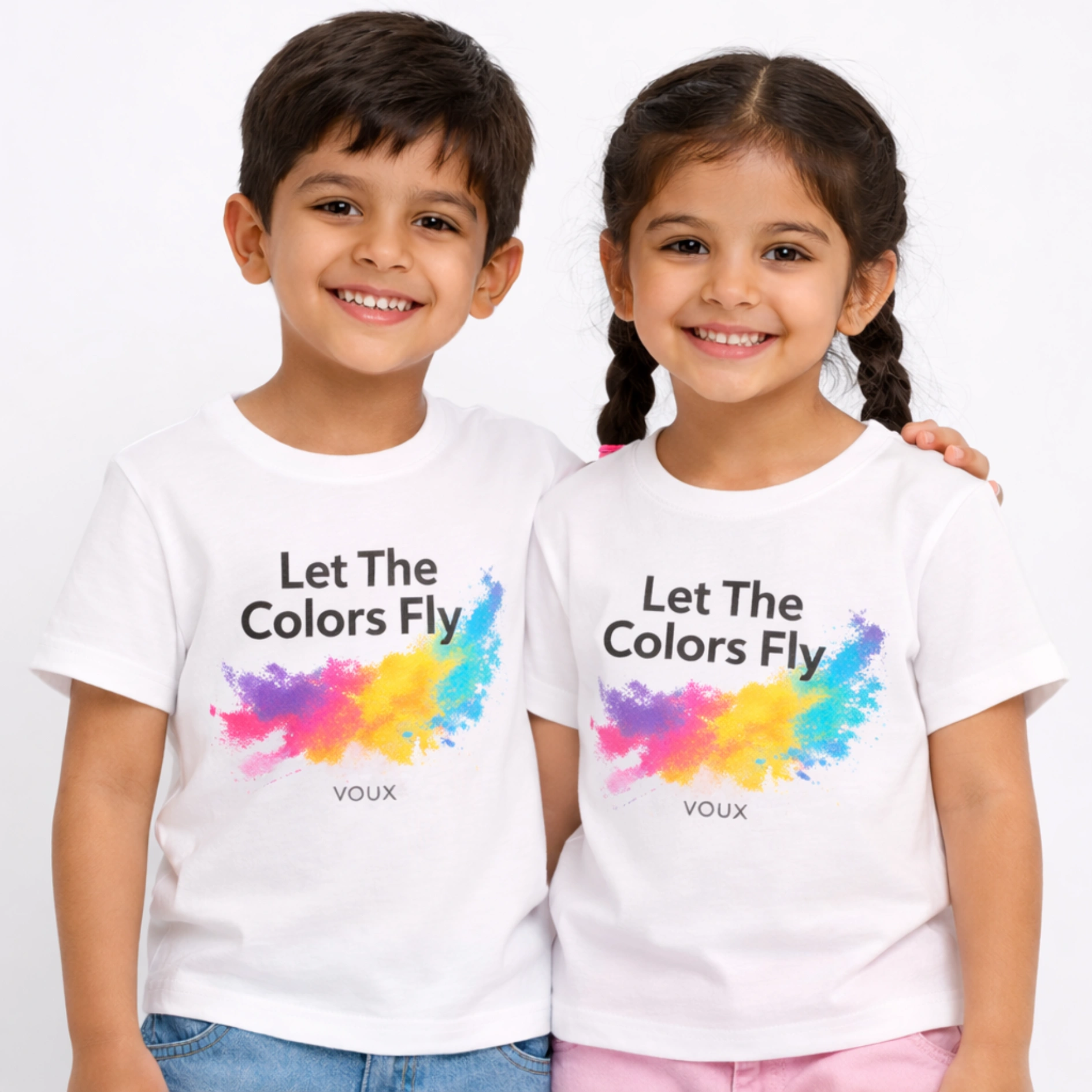 VOUX (5) VOUX Kids “Let The Colors Fly” Holi Special Printed Cotton T-Shirt For Kids - Image 1