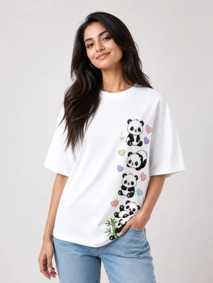 Panda Love oversized white printed t-shirt for women with cute kawaii 4 pandas side print pastel hearts bamboo graphic design - animal tee for girls - Voux.in