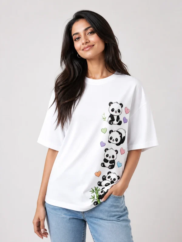 Panda Love oversized white printed t-shirt for women with cute kawaii 4 pandas side print pastel hearts bamboo graphic design - animal tee for girls - Voux.in