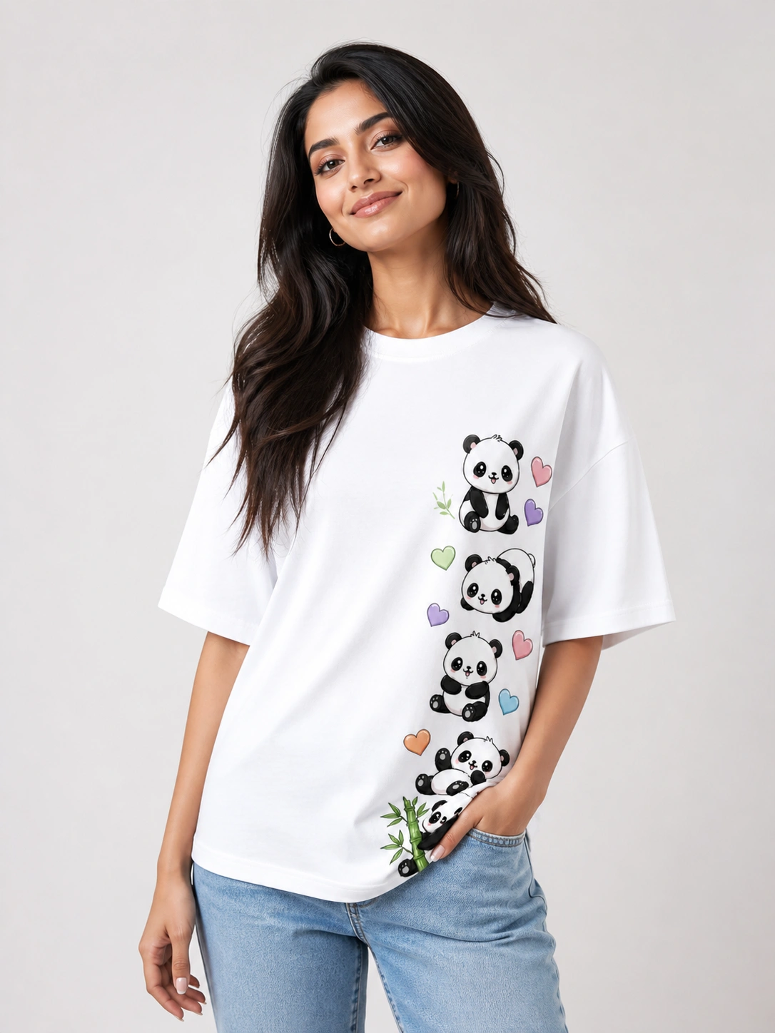 Panda Love Oversized Printed T-Shirt for Women | White Cute Kawaii Panda Side Print Graphic Tee | Voux.in Panda Love oversized white printed t-shirt for women with cute kawaii 4 pandas side print pastel hearts bamboo graphic design - animal tee for girls - Voux.in