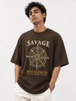 Savage Wanderer oversized brown printed graphic t-shirt for men with vintage compass design - adventure streetwear - Voux.in