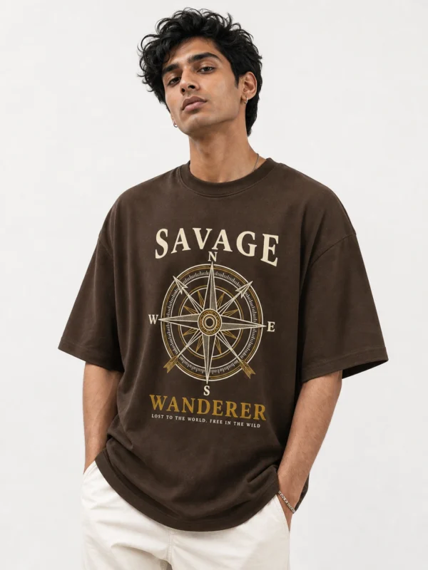 Savage Wanderer oversized brown printed graphic t-shirt for men with vintage compass design - adventure streetwear - Voux.in