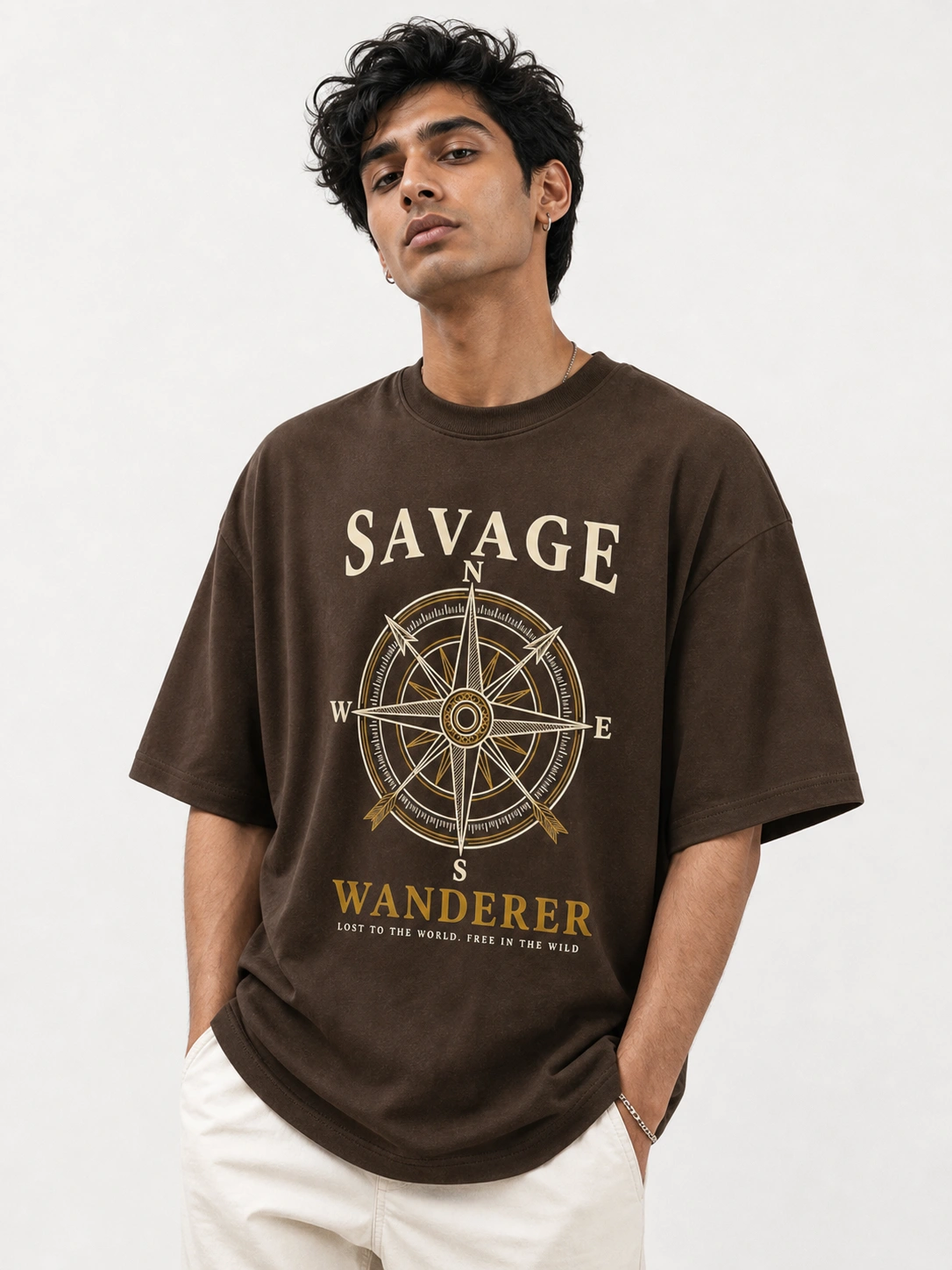 Savage Wanderer Oversized Printed T-Shirt for Men | Brown Compass Graphic Tee | Voux.in Savage Wanderer oversized brown printed graphic t-shirt for men with vintage compass design - adventure streetwear - Voux.in
