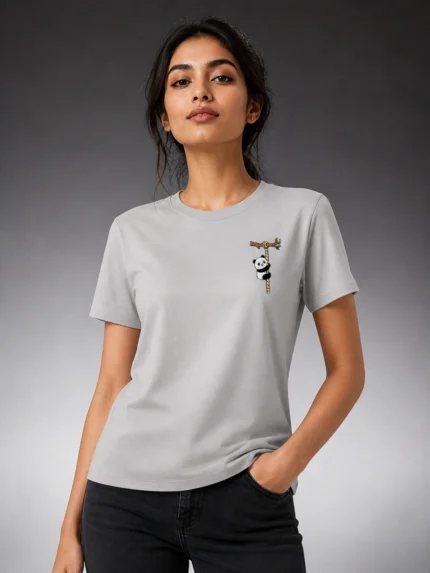 Hanging Panda grey printed t-shirt for women with cute mini panda hanging rope branch minimal left chest pocket print design - casual animal tee for girls - Voux.in