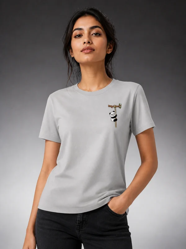 Hanging Panda grey printed t-shirt for women with cute mini panda hanging rope branch minimal left chest pocket print design - casual animal tee for girls - Voux.in