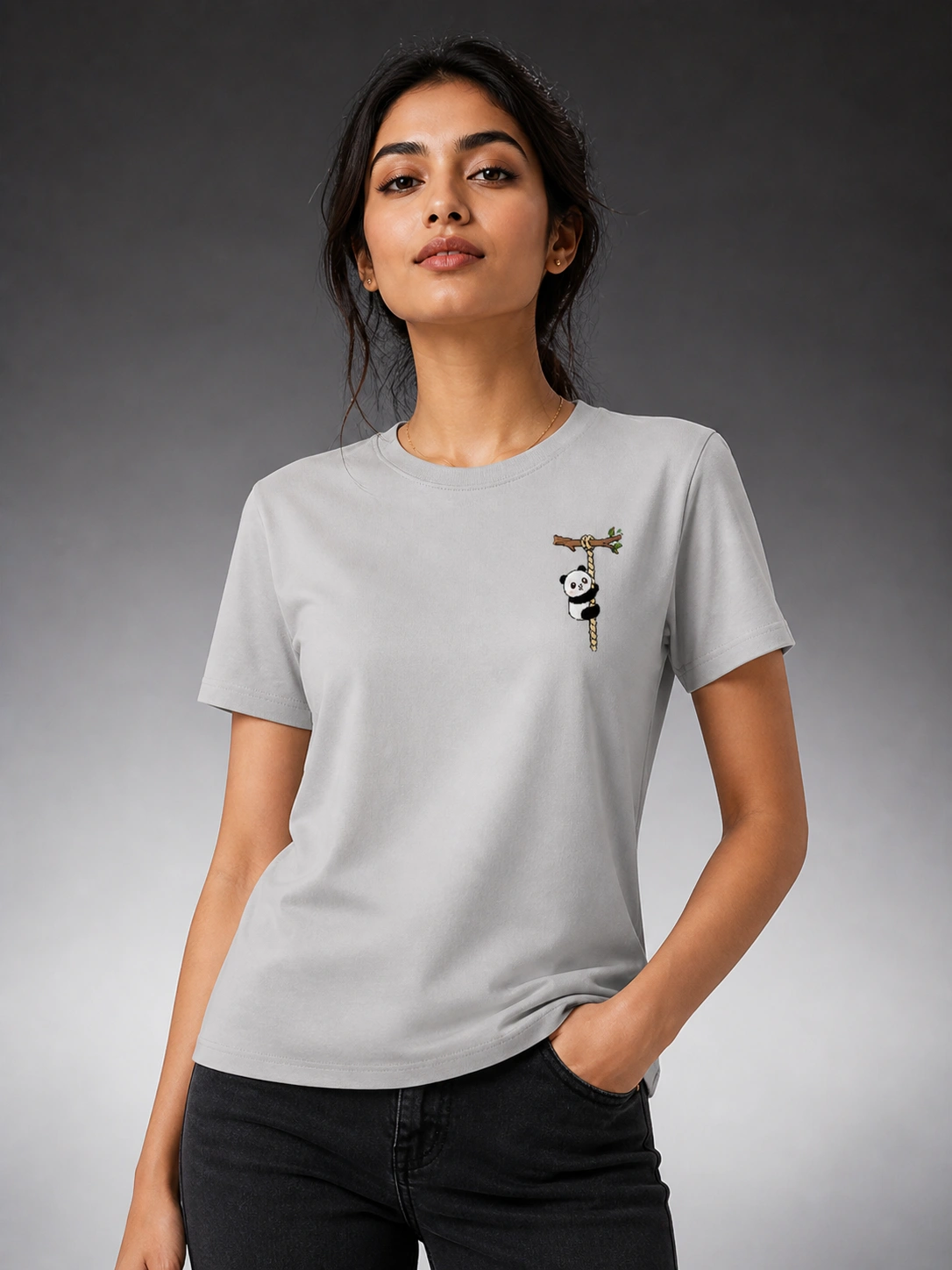Hanging Panda Printed T-Shirt for Women | Grey Cute Minimal Pocket Print Graphic Tee | Voux.in Hanging Panda grey printed t-shirt for women with cute mini panda hanging rope branch minimal left chest pocket print design - casual animal tee for girls - Voux.in