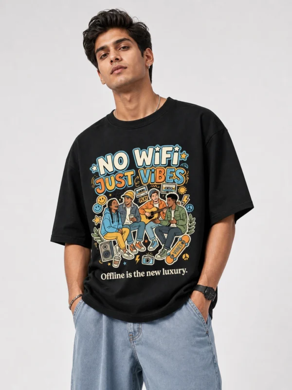No WiFi Just Vibes oversized black printed retro graphic t-shirt for men with friends illustration Offline Is The New Luxury - fun streetwear - Voux.in