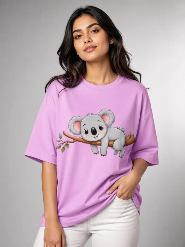 Cute koala oversized lavender purple printed t-shirt for women with adorable kawaii koala on tree branch graphic design - animal tee for girls - Voux.in