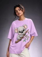 Koala Climb oversized lilac purple printed t-shirt for women with fluffy koala big green eyes climbing eucalyptus branch cute animal graphic tee girls - Voux.in
