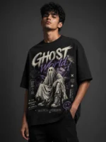 Ghost World oversized black printed graphic t-shirt for men - dark gothic streetwear design - Voux.in
