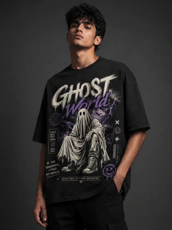 Ghost World oversized black printed graphic t-shirt for men - dark gothic streetwear design - Voux.in
