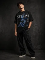 Storm World oversized black printed graphic t-shirt for men with blue swirl design - streetwear fashion - Voux.in