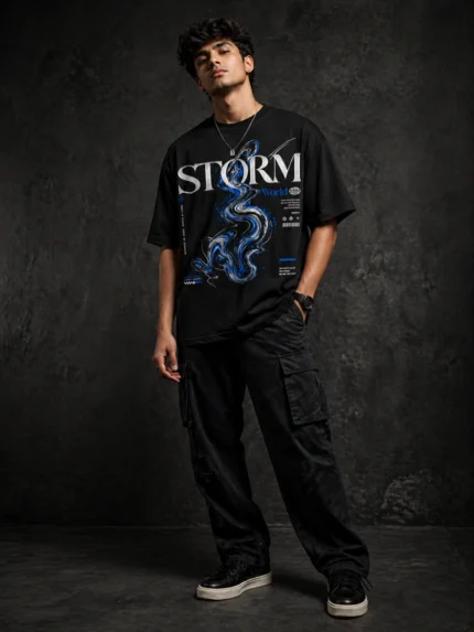 Storm World oversized black printed graphic t-shirt for men with blue swirl design - streetwear fashion - Voux.in