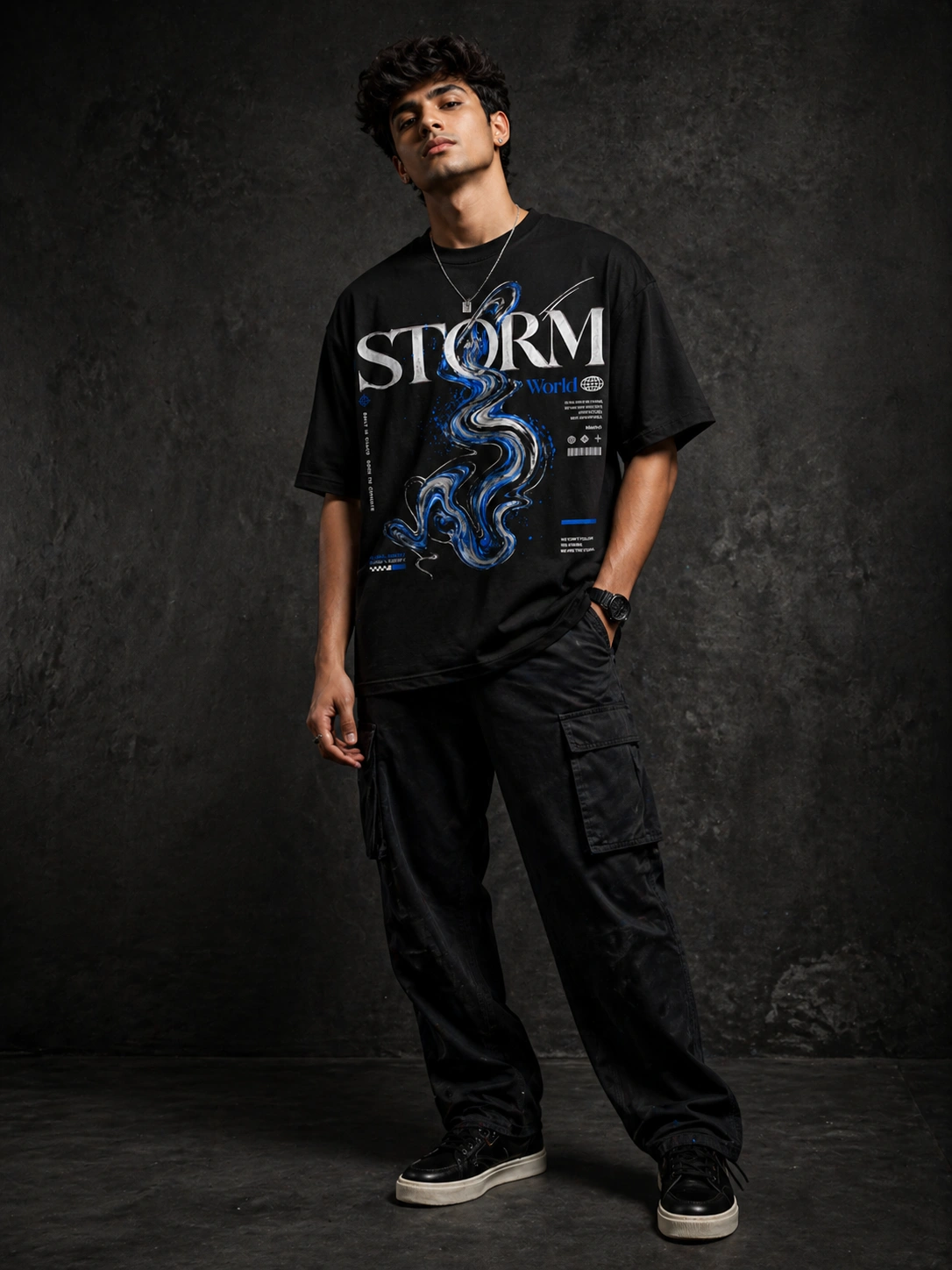 Storm World Oversized Printed T-Shirt for Men | Blue Graphic Streetwear Tee | Voux.in Storm World oversized black printed graphic t-shirt for men with blue swirl design - streetwear fashion - Voux.in